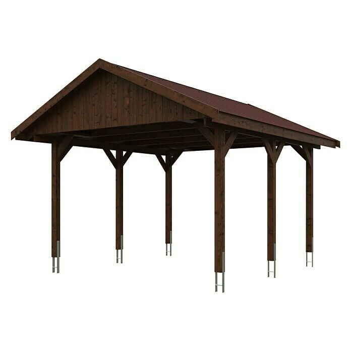 Skan Holz Carport Wallgau (Außenmaß inkl. Dachüberstand (B x T): 4,3 x 5 m, Einzelcarport, Nussbaum, Farbe Dach: Rot) | BAUHAUS