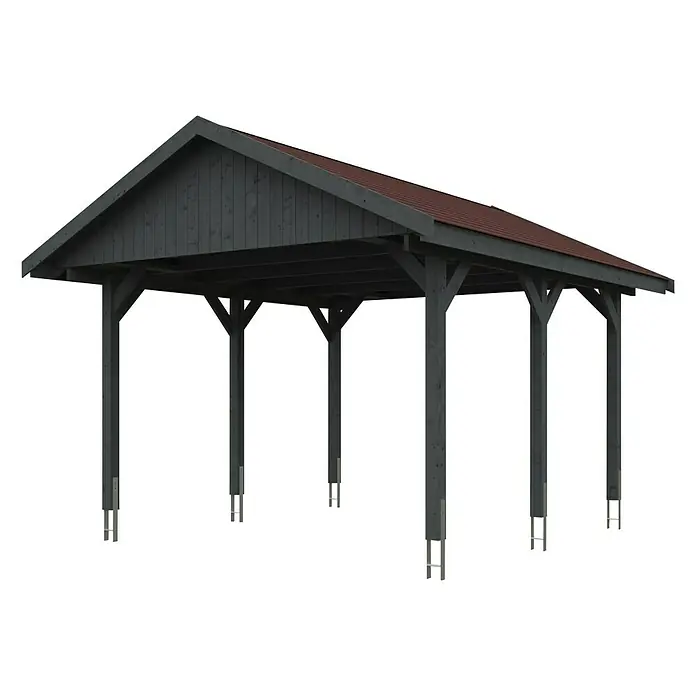 SKAN HOLZ Carport Wallgau - Außenmaß inkl. Dachüberstand (B x T): 4,3 x 5 m, Einzelcarport, Schiefergrau, Rote Bitumenschindeln - Abbildung eines Carports mit Holzbalken und rotem Dach, ideal für den Schutz von Fahrzeugen.