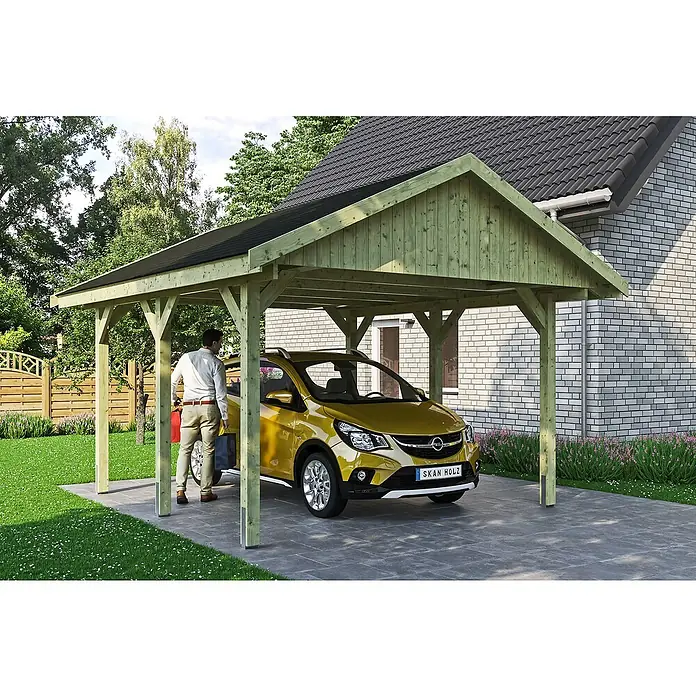 SKAN HOLZ Carport Wallgau - Außenmaß inkl. Dachüberstand (B x T): 4,3 x 5 m, Einzelcarport, Grün, Farbe Dach: Schwarz - Ein modernes Carport aus Holz mit einem gelben Auto darunter. Das Carport bietet Schutz vor Witterungseinflüssen und ist ein Hingucker.