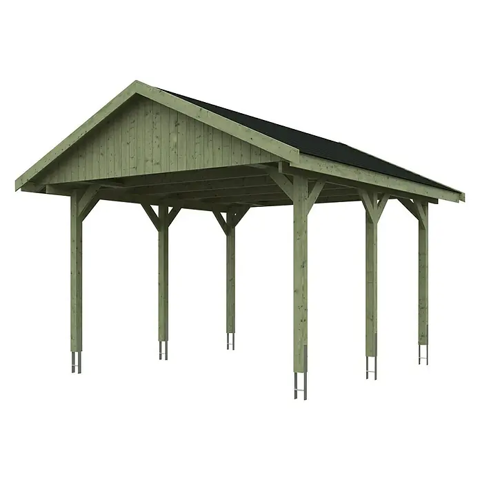 SKAN HOLZ Carport Wallgau - Außenmaß inkl. Dachüberstand (B x T): 4,3 x 5 m, Einzelcarport, Grün, Farbe Dach: Schwarz - Das Bild zeigt ein Carport mit einem Satteldach, das von mehreren Holzpfosten getragen wird, die auf Metallstützen stehen. Das Carport bietet Schutz für Fahrzeuge.