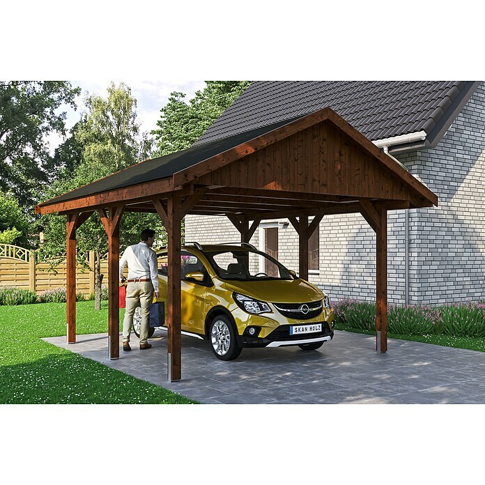 Skan Holz Carport Wallgau (Außenmaß inkl. Dachüberstand (B x T): 4,3 x 5 m, Einzelcarport, Nussbaum, Schwarze Bitumenschindeln)