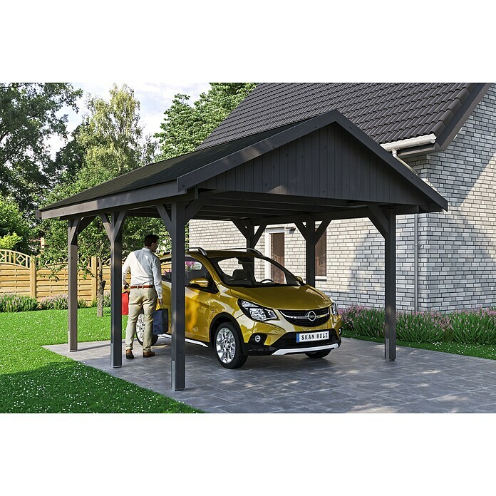 Skan Holz Carport Wallgau (Außenmaß inkl. Dachüberstand (B x T): 4,3 x 5 m, Einzelcarport, Schiefergrau, Schwarze Bitumenschindeln)