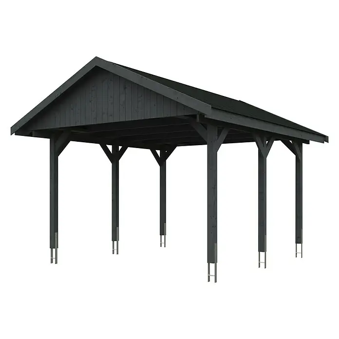 SKAN HOLZ Carport Wallgau - Außenmaß inkl. Dachüberstand (B x T): 4,3 x 5 m, Einzelcarport, Schiefergrau, Schwarze Bitumenschindeln - Ein modernes Carport mit Holzrahmen und dunklem Dach, ideal für den Schutz Ihres Fahrzeugs vor den Elementen. Stilvoll und funktional.