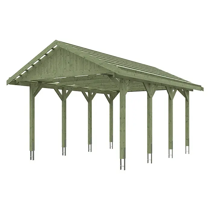 SKAN HOLZ Carport Wallgau - Außenmaß inkl. Dachüberstand (B x T): 4,3 x 6 m, Einzelcarport, Grün, Dachlatten zur Eindeckung mit Dachziegeln - Freistehender Carport aus unbehandeltem Holz mit Giebeldach und stabilen Stützpfosten. Ideal für den Schutz von Fahrzeugen vor Witterungseinflüssen.