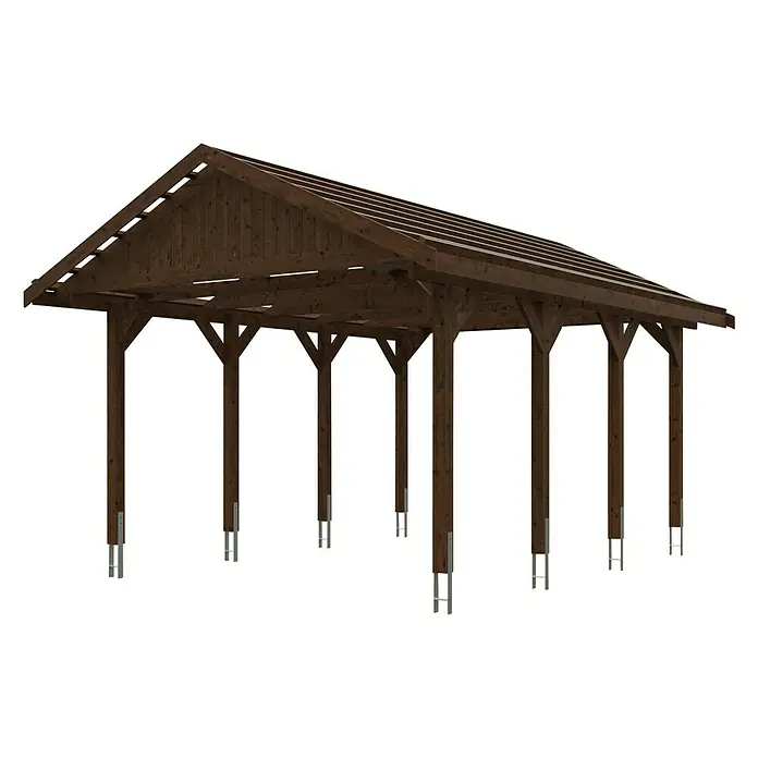 SKAN HOLZ Carport Wallgau - Außenmaß inkl. Dachüberstand (B x T): 4,3 x 6 m, Einzelcarport, Nussbaum, Dachlatten zur Eindeckung mit Dachziegeln - Braune Holzpergola mit schrägem Dach und Metallstützen zur sicheren Befestigung am Boden für den Außenbereich.
