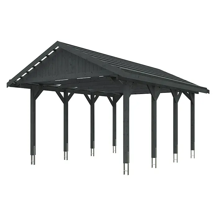 SKAN HOLZ Carport Wallgau - Außenmaß inkl. Dachüberstand (B x T): 4,3 x 6 m, Einzelcarport, Schiefergrau, Dachlatten zur Eindeckung mit Dachziegeln - Das Bild zeigt ein graues Holzcarport mit einem Satteldach und mehreren Stützpfeilern. Es bietet Schutz für Fahrzeuge vor Witterungseinflüssen.