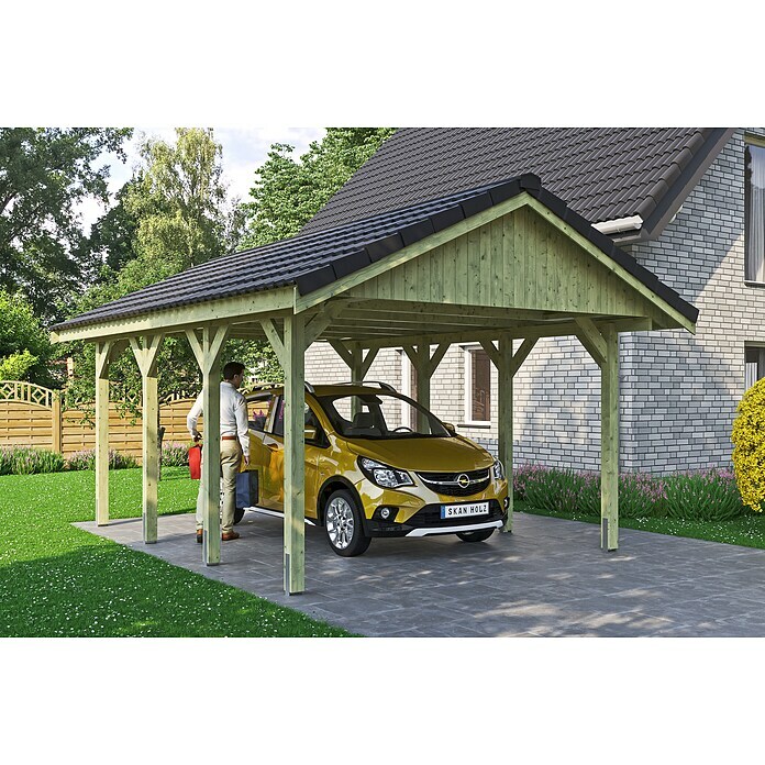 Skan Holz Carport Wallgau (Außenmaß inkl. Dachüberstand (B x T): 4,3 x 6 m, Einzelcarport, Grün, Dachlatten zur Eindeckung mit Dachziegeln) | BAUHAUS