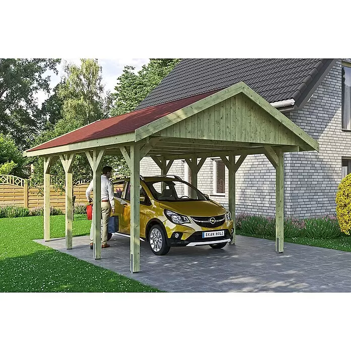 SKAN HOLZ Carport Wallgau - Außenmaß inkl. Dachüberstand (B x T): 4,3 x 6 m, Einzelcarport, Grün, Farbe Dach: Rot - Stimmungsaufnahme