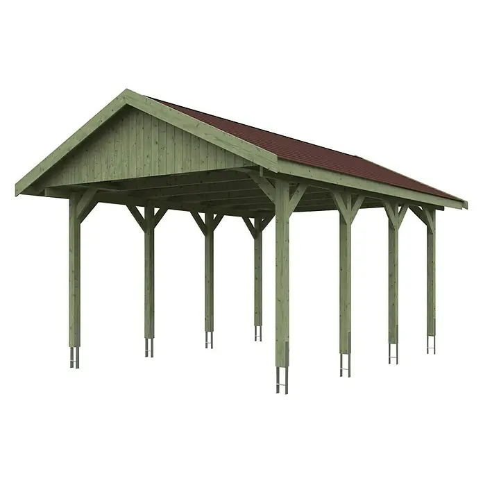 SKAN HOLZ Carport Wallgau - Außenmaß inkl. Dachüberstand (B x T): 4,3 x 6 m, Einzelcarport, Grün, Farbe Dach: Rot - Freistehende Holzüberdachung mit dunkelrotem Dach und stabilen Säulen. Die ideale Ergänzung für Ihren Garten oder Hof für zusätzlichen Schutz.