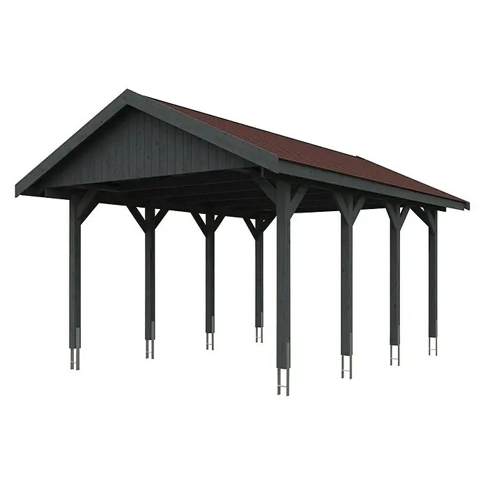 SKAN HOLZ Carport Wallgau - Außenmaß inkl. Dachüberstand (B x T): 4,3 x 6 m, Einzelcarport, Schiefergrau, Rote Bitumenschindeln - Ein stilvoller Unterstand mit grauem Holzrahmen und rotem Dach, der Schutz und Ästhetik vereint. Ideal für Gärten und Außenbereiche.