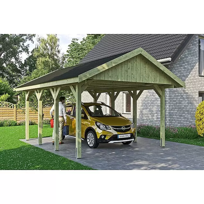 SKAN HOLZ Carport Wallgau - Außenmaß inkl. Dachüberstand (B x T): 4,3 x 6 m, Einzelcarport, Grün, Farbe Dach: Schwarz - Stimmungsaufnahme
