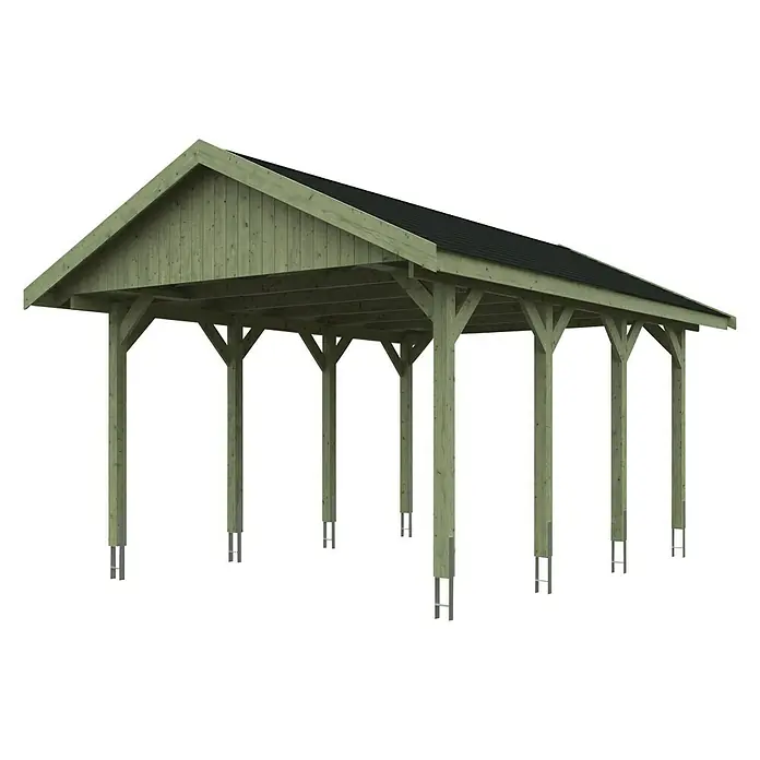 SKAN HOLZ Carport Wallgau - Außenmaß inkl. Dachüberstand (B x T): 4,3 x 6 m, Einzelcarport, Grün, Farbe Dach: Schwarz - Ansicht eines Holzcarports mit schwarzem Dach, gestützt durch mehrere Holzpfosten auf Metallfundamenten.