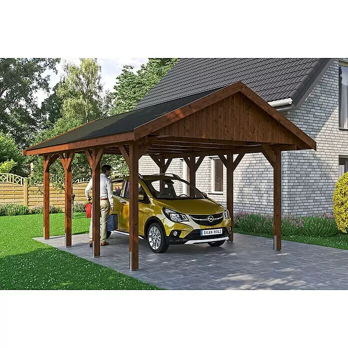 SKAN HOLZ Carport Wallgau - Außenmaß inkl. Dachüberstand (B x T): 4,3 x 6 m, Einzelcarport, Nussbaum, Farbe Dach: Schwarz, Materialspezifizierung Dach: Fichte, Bitumen - Stimmungsaufnahme