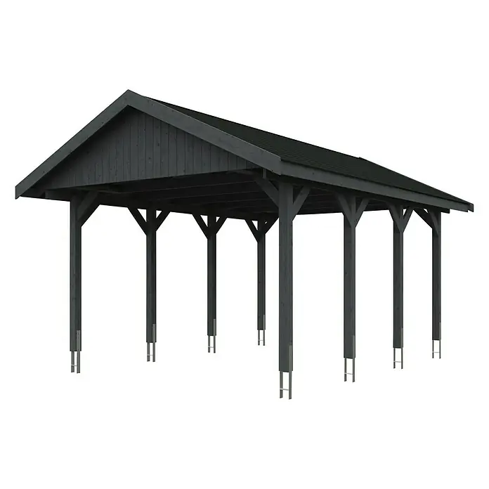SKAN HOLZ Carport Wallgau - Außenmaß inkl. Dachüberstand (B x T): 4,3 x 6 m, Einzelcarport, Schiefergrau, Schwarze Bitumenschindeln - Das Bild zeigt eine dunkle Holzpergola mit einem schrägen Dach, ideal für Gärten und Terrassen. Die Konstruktion bietet Schatten und Schutz.