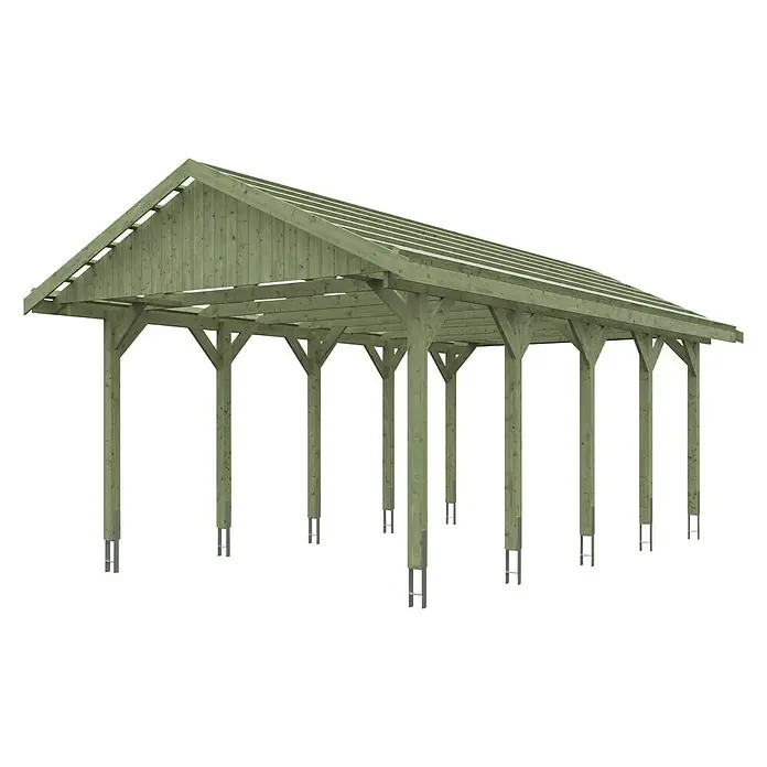 SKAN HOLZ Carport Wallgau - Außenmaß inkl. Dachüberstand (B x T): 4,3 x 7,5 m, Einzelcarport, Grün - Das Bild zeigt einen Holzunterstand mit schrägem Dach, gestützt von mehreren Pfosten auf einer schwarzen Oberfläche. Robuster Schutz vor Wettereinflüssen.