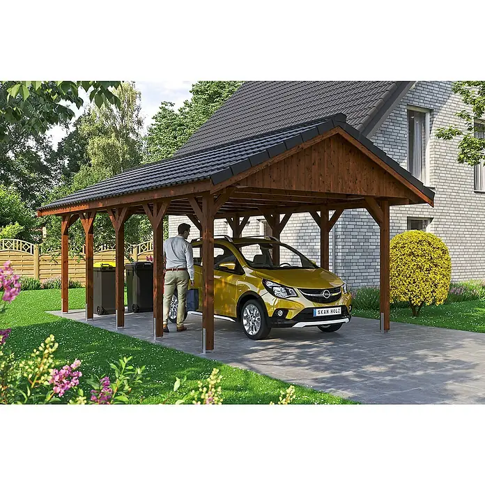 SKAN HOLZ Carport Wallgau - Außenmaß inkl. Dachüberstand (B x T): 4,3 x 7,5 m, Einzelcarport, Nussbaum - Das Bild zeigt einen stilvollen Carport aus Holz mit einem goldfarbenen Auto darunter, der sich perfekt in die grüne Umgebung einfügt.