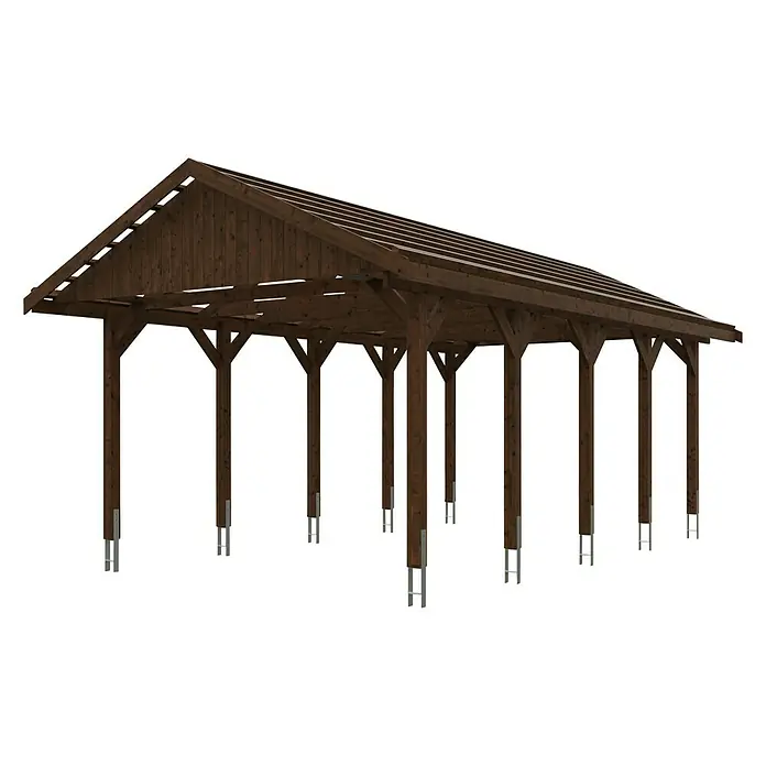 SKAN HOLZ Carport Wallgau - Außenmaß inkl. Dachüberstand (B x T): 4,3 x 7,5 m, Einzelcarport, Nussbaum - Abbildung eines Holzpavillons mit Satteldach und mehreren Säulen, die auf Metallstützen stehen. Das Holz hat eine dunkle Farbe.