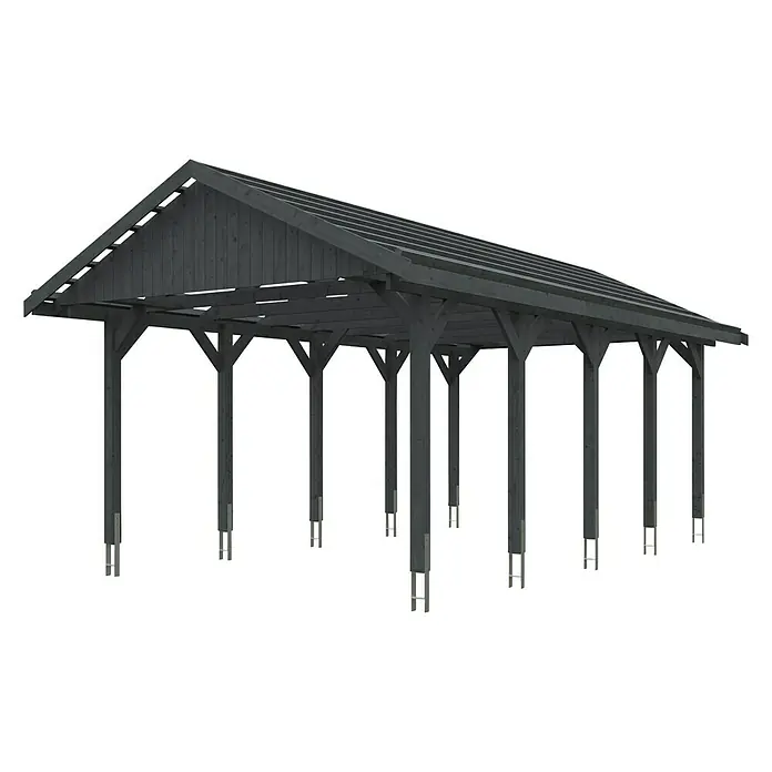 SKAN HOLZ Carport Wallgau - Außenmaß inkl. Dachüberstand (B x T): 4,3 x 7,5 m, Einzelcarport, Schiefergrau - Eine graue Holzkonstruktion, möglicherweise ein Carport oder eine Pergola, steht aufrecht und bietet Schutz vor den Elementen.