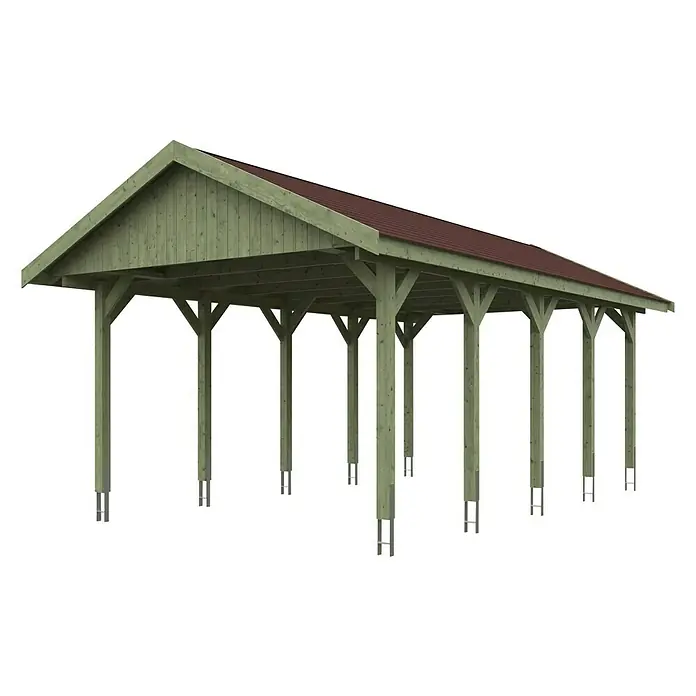 SKAN HOLZ Carport Wallgau - Außenmaß inkl. Dachüberstand (B x T): 4,3 x 7,5 m, Einzelcarport, Grün, Farbe Dach: Rot - Das Bild zeigt ein Carport mit einem Satteldach und Holzstützen. Die Konstruktion ist auf Fundamenten befestigt und bietet Schutz vor Witterungseinflüssen.