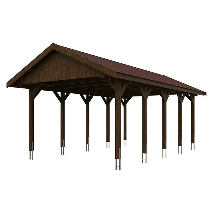 SKAN HOLZ Carport Wallgau - Außenmaß inkl. Dachüberstand (B x T): 4,3 x 7,5 m, Einzelcarport, Nussbaum, Farbe Dach: Rot - Darstellung eines Carports mit Holzrahmen und Stützen, ideal für den Wetterschutz von Fahrzeugen. Die robuste Konstruktion bietet zuverlässigen Schutz.