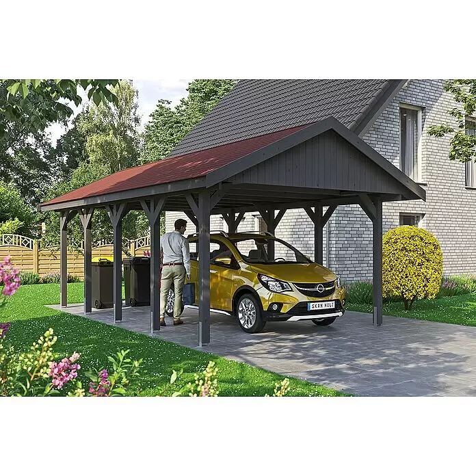 SKAN HOLZ Carport Wallgau - Außenmaß inkl. Dachüberstand (B x T): 4,3 x 7,5 m, Einzelcarport, Schiefergrau, Rote Bitumenschindeln - Stimmungsaufnahme