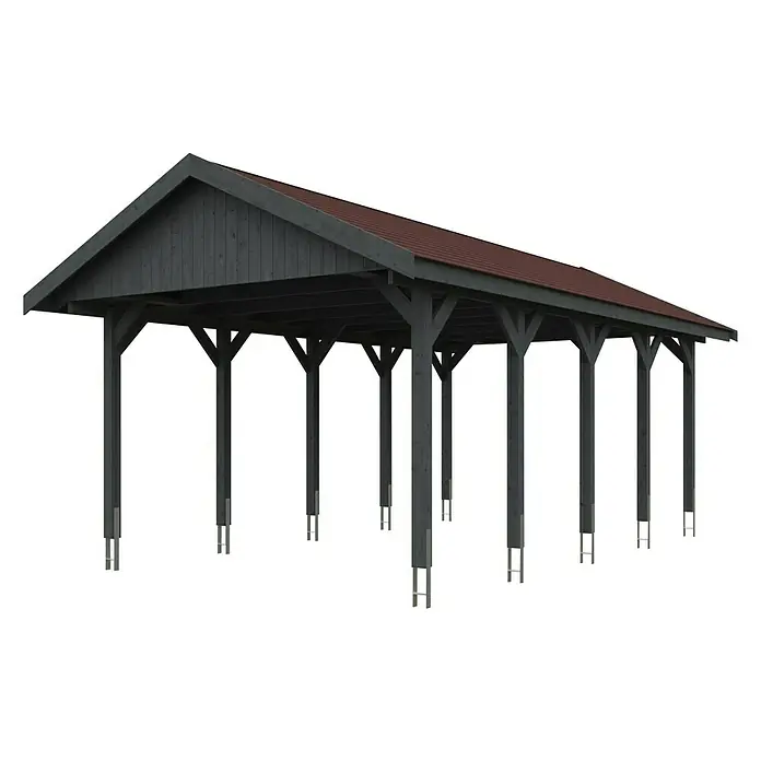 SKAN HOLZ Carport Wallgau - Außenmaß inkl. Dachüberstand (B x T): 4,3 x 7,5 m, Einzelcarport, Schiefergrau, Rote Bitumenschindeln - Ein Carport aus Holz mit rotem Dach und grauen Pfosten bietet Schutz für Fahrzeuge. Die Konstruktion wirkt stabil und wetterfest.