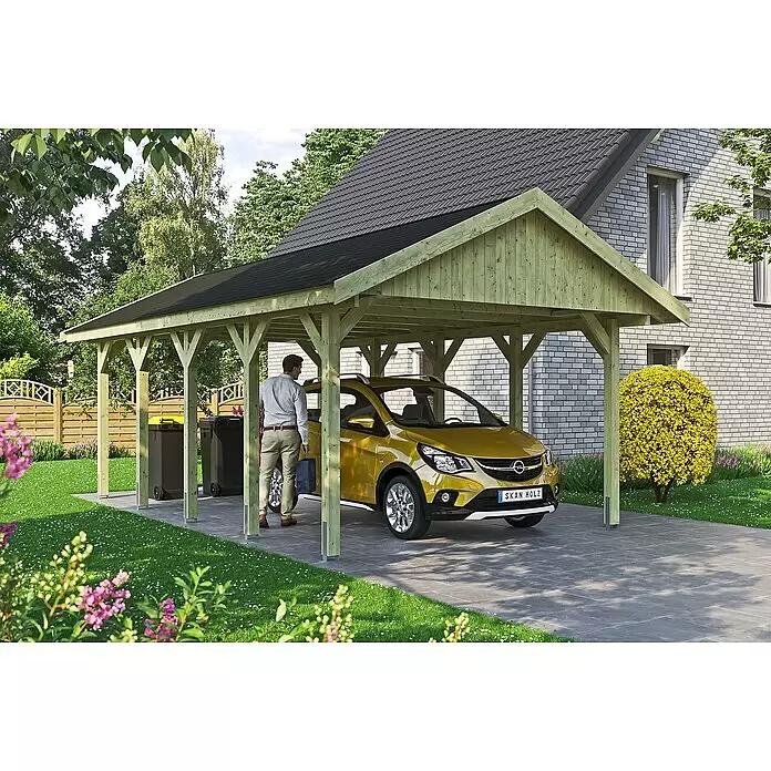 SKAN HOLZ Carport Wallgau - Außenmaß inkl. Dachüberstand (B x T): 4,3 x 7,5 m, Einzelcarport, Grün, Farbe Dach: Schwarz - Stimmungsaufnahme