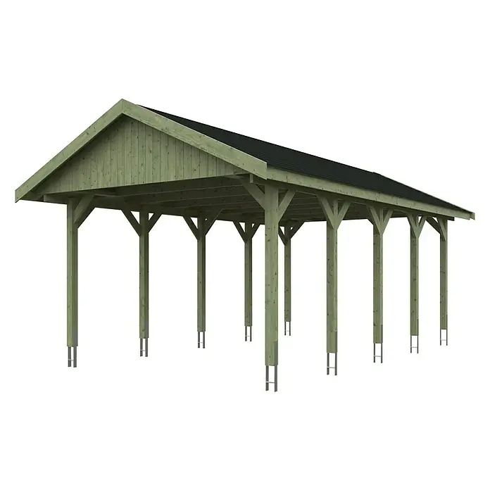 SKAN HOLZ Carport Wallgau - Außenmaß inkl. Dachüberstand (B x T): 4,3 x 7,5 m, Einzelcarport, Grün, Farbe Dach: Schwarz - Das Bild zeigt eine stilvolle Holzgarage mit einem schützenden Dach, ideal für Fahrzeuge und Außenbereiche.