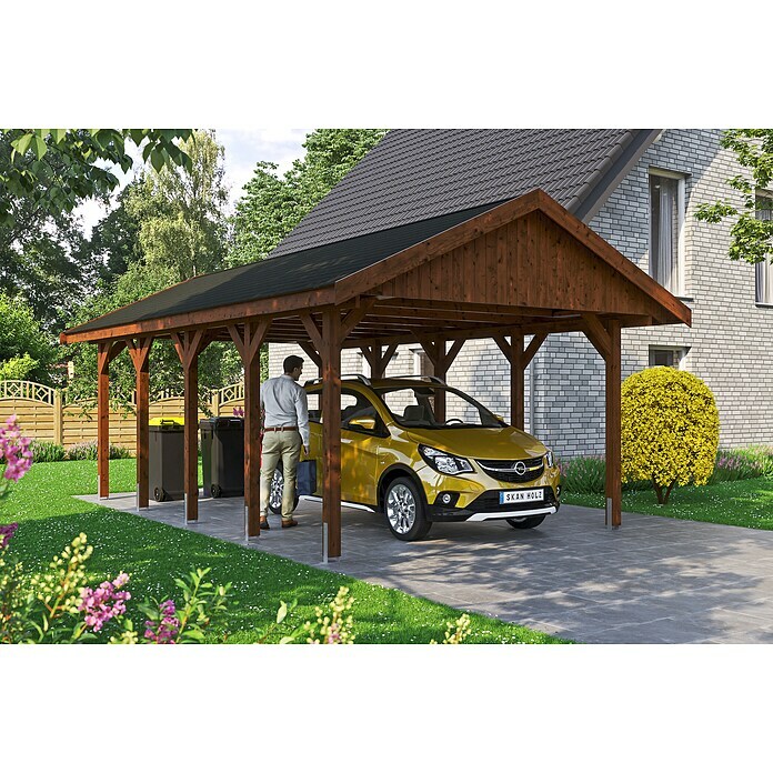 Skan Holz Carport Wallgau (Außenmaß inkl. Dachüberstand (B x T): 4,3 x 7,5 m, Einzelcarport, Nussbaum, Farbe Dach: Schwarz, Materialspezifizierung Dach: Fichte, Bitumen) | BAUHAUS