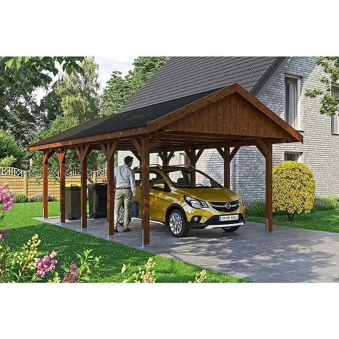 SKAN HOLZ Carport Wallgau - Außenmaß inkl. Dachüberstand (B x T): 4,3 x 7,5 m, Einzelcarport, Nussbaum, Farbe Dach: Schwarz, Materialspezifizierung Dach: Fichte, Bitumen - Das Bild zeigt ein Carport aus Holz mit einem gelben Auto darunter. Es bietet Schutz vor Witterungseinflüssen und ist ein praktischer Unterstand.