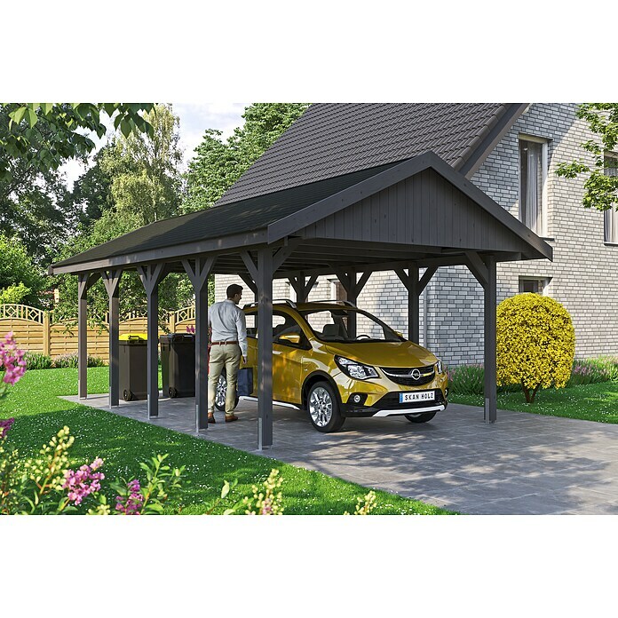 Skan Holz Carport Wallgau (Außenmaß inkl. Dachüberstand (B x T): 4,3 x 7,5 m, Einzelcarport, Schiefergrau, Schwarze Bitumenschindeln)
