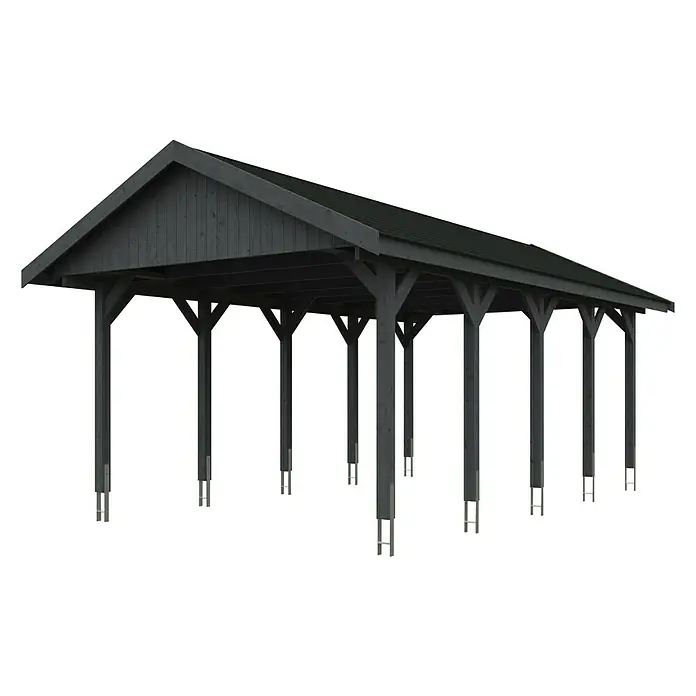SKAN HOLZ Carport Wallgau - Außenmaß inkl. Dachüberstand (B x T): 4,3 x 7,5 m, Einzelcarport, Schiefergrau, Schwarze Bitumenschindeln - Abbildung eines Carports mit stabilen Holzpfosten und einem schützenden Dach. Ideal für den Schutz von Fahrzeugen vor Witterungseinflüssen.