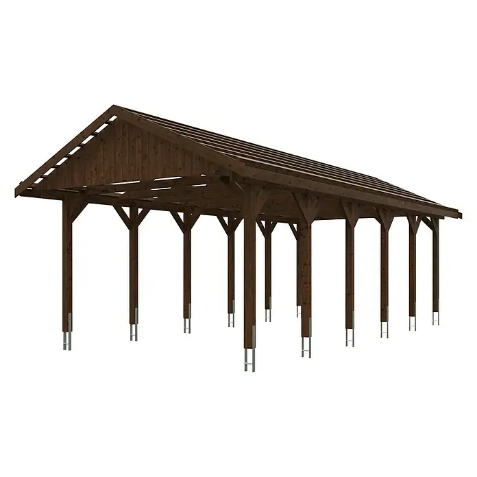 SKAN HOLZ Carport Wallgau - Außenmaß inkl. Dachüberstand (B x T): 4,3 x 9 m, Einzelcarport, Nussbaum, Dachlatten zur Eindeckung mit Dachziegeln - Abbildung einer Holzkonstruktion mit braunem Dach und Stützpfeilern, die einen Unterstand oder eine Überdachung bildet. Die Struktur bietet Schutz.