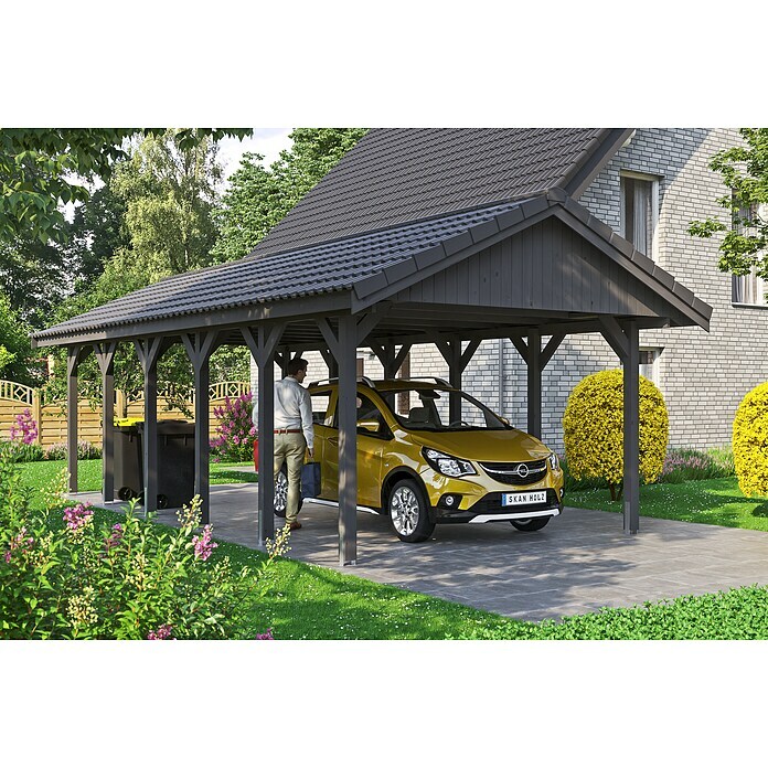 Skan Holz Carport Wallgau (Außenmaß inkl. Dachüberstand (B x T): 4,3 x 9 m, Einzelcarport, Schiefergrau, Dachlatten zur Eindeckung mit Dachziegeln) | BAUHAUS