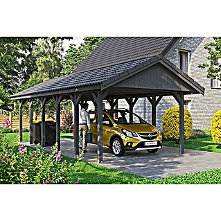 Skan Holz Carport Wallgau (Außenmaß inkl. Dachüberstand (B x T): 4,3 x 9 m, Einzelcarport, Schiefergrau, Dachlatten zur Eindeckung mit Dachziegeln)