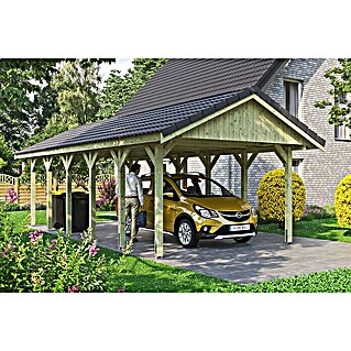 Skan Holz Carport Wallgau (Außenmaß inkl. Dachüberstand (B x T): 4,3 x 9 m, Einzelcarport, Grün, Dachlatten zur Eindeckung mit Dachziegeln)