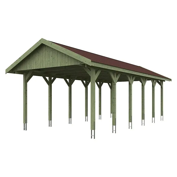 SKAN HOLZ Carport Wallgau - Außenmaß inkl. Dachüberstand (B x T): 4,3 x 9 m, Einzelcarport, Grün, Farbe Dach: Rot - Ein Holzpavillon mit rotem Dach und stabilen Stützpfeilern, ideal für den Garten oder als Unterstand.