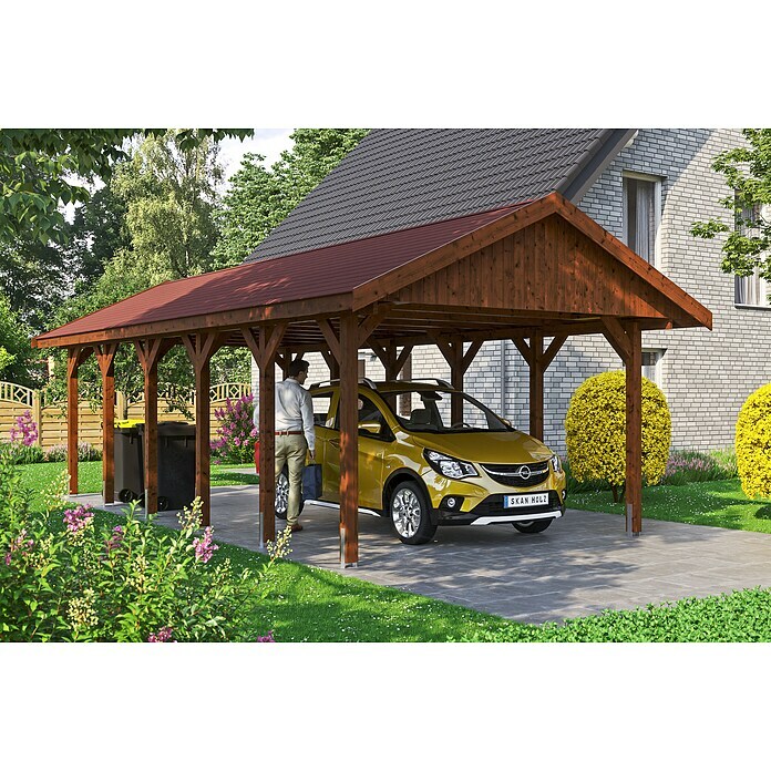 Skan Holz Carport Wallgau (Außenmaß inkl. Dachüberstand (B x T): 4,3 x 9 m, Einzelcarport, Nussbaum, Rote Bitumenschindeln) | BAUHAUS