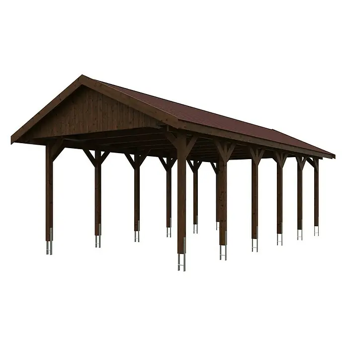 SKAN HOLZ Carport Wallgau - Außenmaß inkl. Dachüberstand (B x T): 4,3 x 9 m, Einzelcarport, Nussbaum, Rote Bitumenschindeln - Ein Unterstand mit Holzrahmen und braunem Dach bietet Schutz vor Witterungseinflüssen und dient als Carport oder überdachter Aufenthaltsbereich.
