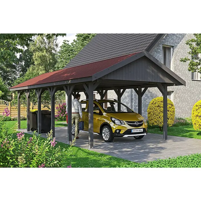 SKAN HOLZ Carport Wallgau - Außenmaß inkl. Dachüberstand (B x T): 4,3 x 9 m, Einzelcarport, Schiefergrau, Rote Bitumenschindeln - Ein geräumiger Carport mit rotem Dach schützt ein gelbes Auto vor den Elementen und bietet zusätzlichen Komfort und Schutz.