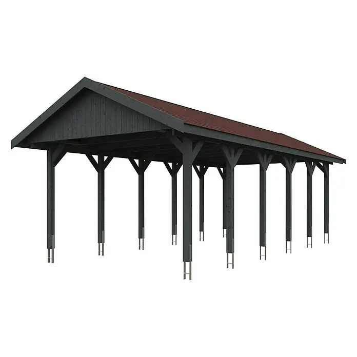 SKAN HOLZ Carport Wallgau - Außenmaß inkl. Dachüberstand (B x T): 4,3 x 9 m, Einzelcarport, Schiefergrau, Rote Bitumenschindeln - Darstellung eines Carports mit rotem Dach und schwarzen Pfosten. Das Carport bietet Schutz für Fahrzeuge.