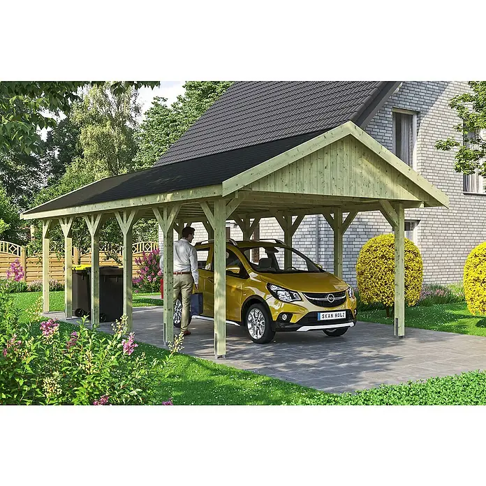 SKAN HOLZ Carport Wallgau - Außenmaß inkl. Dachüberstand (B x T): 4,3 x 9 m, Einzelcarport, Grün, Farbe Dach: Schwarz - Eine moderne Holzgarage mit einem gelben Auto darunter. Das Carport bietet Schutz vor Witterungseinflüssen.