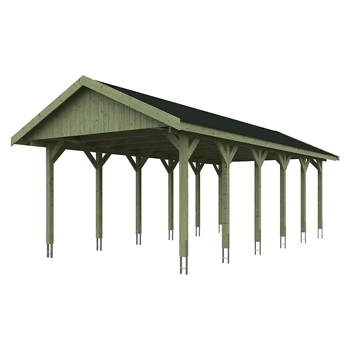 SKAN HOLZ Carport Wallgau - Außenmaß inkl. Dachüberstand (B x T): 4,3 x 9 m, Einzelcarport, Grün, Farbe Dach: Schwarz - Ein Carport mit hölzernen Stützen und einem dunklen Dach. Bietet Schutz für Fahrzeuge vor Witterungseinflüssen.