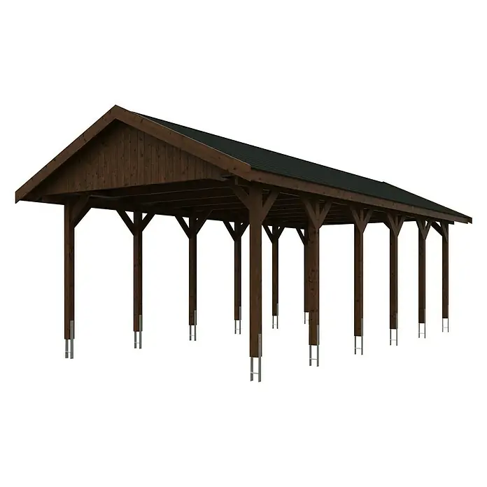 SKAN HOLZ Carport Wallgau - Außenmaß inkl. Dachüberstand (B x T): 4,3 x 9 m, Einzelcarport, Nussbaum, Schwarze Bitumenschindeln - Carport mit Walmdach. Die braune Holzkonstruktion ruht auf Stahlstützen und bietet Schutz vor Wind und Wetter.