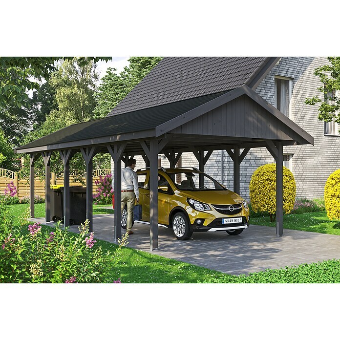 Skan Holz Carport Wallgau (Außenmaß inkl. Dachüberstand (B x T): 4,3 x 9 m, Einzelcarport, Schiefergrau, Schwarze Bitumenschindeln) | BAUHAUS