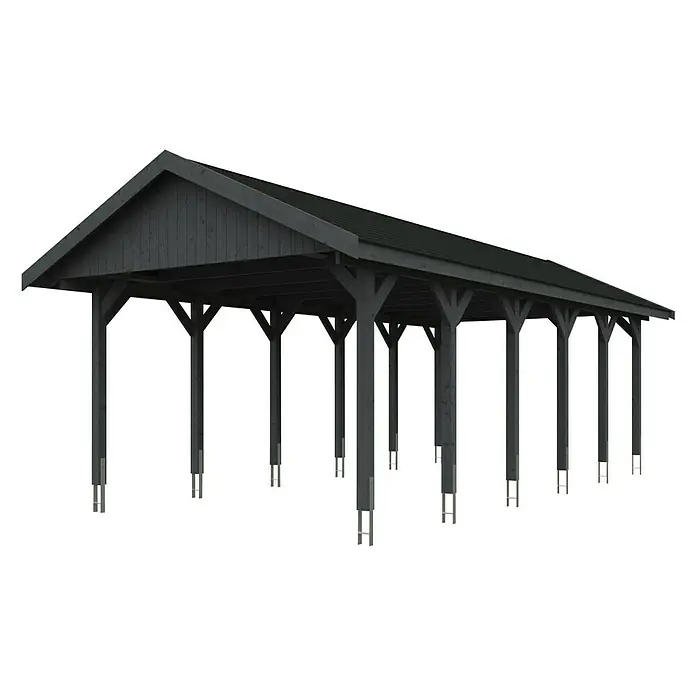 SKAN HOLZ Carport Wallgau - Außenmaß inkl. Dachüberstand (B x T): 4,3 x 9 m, Einzelcarport, Schiefergrau, Schwarze Bitumenschindeln - Das Bild zeigt ein langes, freistehendes Carport mit vielen Stützpfeilern und einem dunklen Satteldach, ideal für mehrere Fahrzeuge oder als Unterstand.