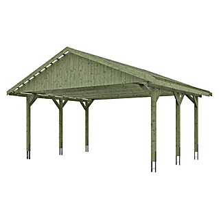 Skan Holz Doppelcarport Wallgau (L x B: 500 x 620 cm, Einfahrtshöhe: 215 cm, Grün, Dachlatten zur Eindeckung mit Dachziegeln)