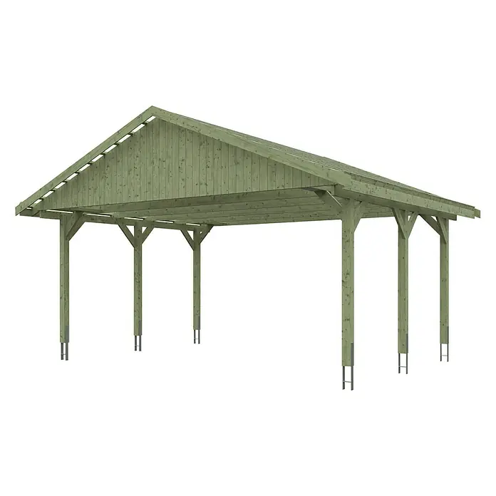 SKAN HOLZ Carport Wallgau - Außenmaß inkl. Dachüberstand (B x T): 6,2 x 5 m, Doppelcarport, Grün - Bild eines Carports aus Holz mit spitzem Dach und stabilen Pfosten. Bietet Schutz für Fahrzeuge vor Witterungseinflüssen.