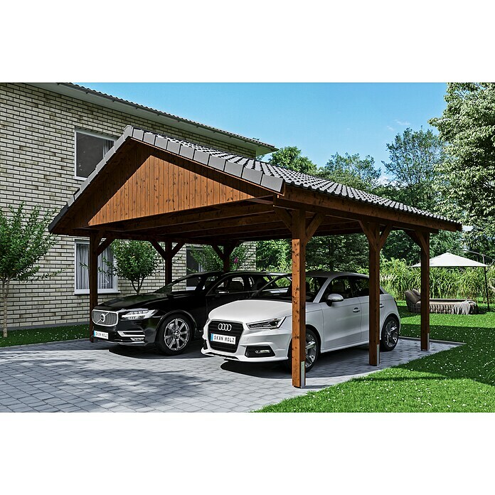 Skan Holz Doppelcarport WallgauL x B: 500 x 620 cm, Einfahrtshöhe: 215 cm, Nussbaum, Dachlatten zur Eindeckung mit Dachziegeln Use Shot