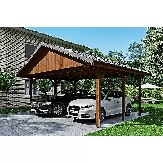 SKAN HOLZ Carport Wallgau - Außenmaß inkl. Dachüberstand (B x T): 6,2 x 5 m, Doppelcarport, Nussbaum - Anwendungsbeispiel